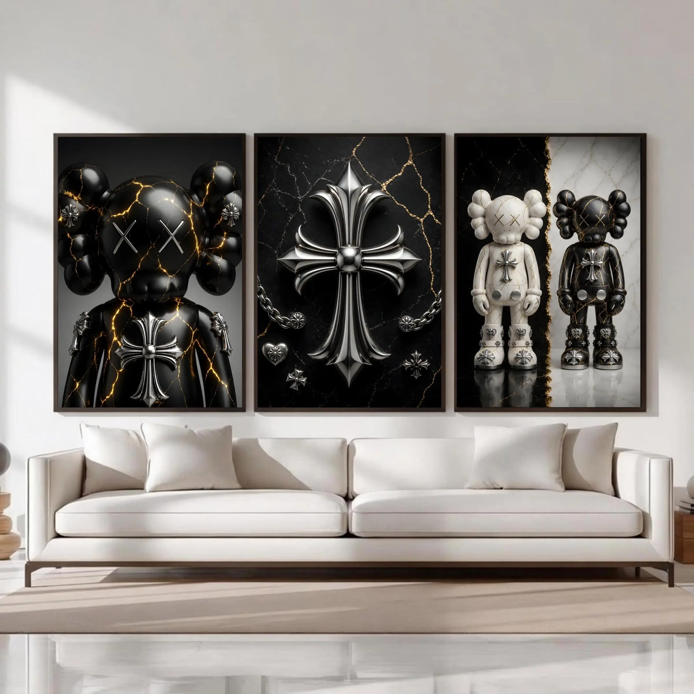 Luxury HypeBeast Kaws Wall Art Poster Set Of 3, Kaws Chrome Hearts Hypebeast Room Decor, Black and White Kaws Posters,Kaws Figures Print Set