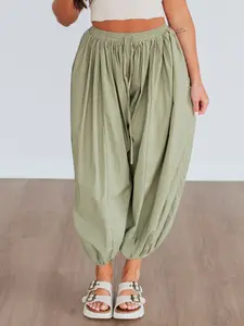 Fashion Basic Loose Fit Casual Drawstring Adjustable Pants, Elastic Waist Long Trousers, Comfortable and Stylish, Perfect for Daily Wear, Womenswear