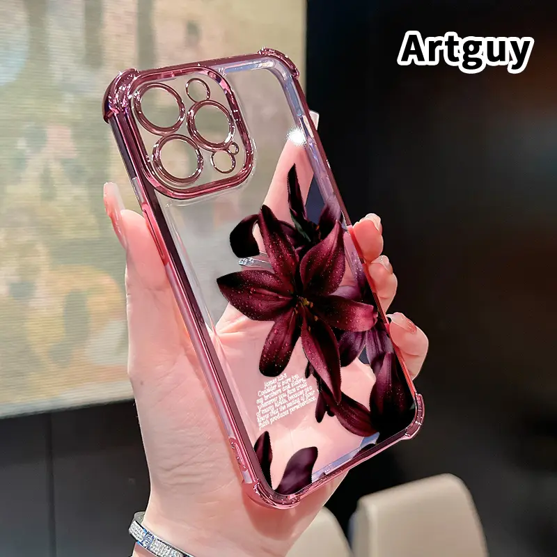 Dew - kissed Lilies' Rhapsody Pattern Four Corner Anti-Fall Phone Case Transparent Electroplated Protective Cover for iPhone 16 Pro Max 15 Plus 14 13 12 11 E