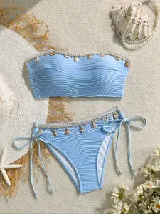 Women's Two-Piece Bikini Set with Shell Accents, Solid Color Swimsuit, Strapless Swimsuit, Bandeau Bikini, Beachwear Swimwear, Stylish Bathing Suit for Women