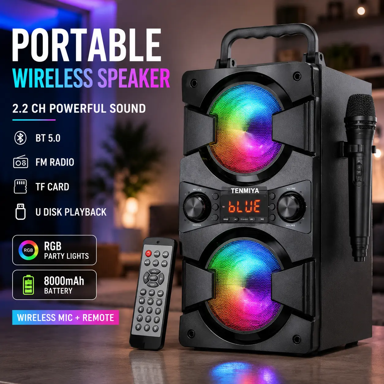 Portable Bluetooth Karaoke Speaker with RGB LED Lights, 2.2CH Wired Microphone, Handle, Rechargeable Battery, Remote Control, FM Radio, TF Card, USB Playback, AUX Connection, Rich Audio for Home Party, Outdoor Use, Mobile Phones Compatible