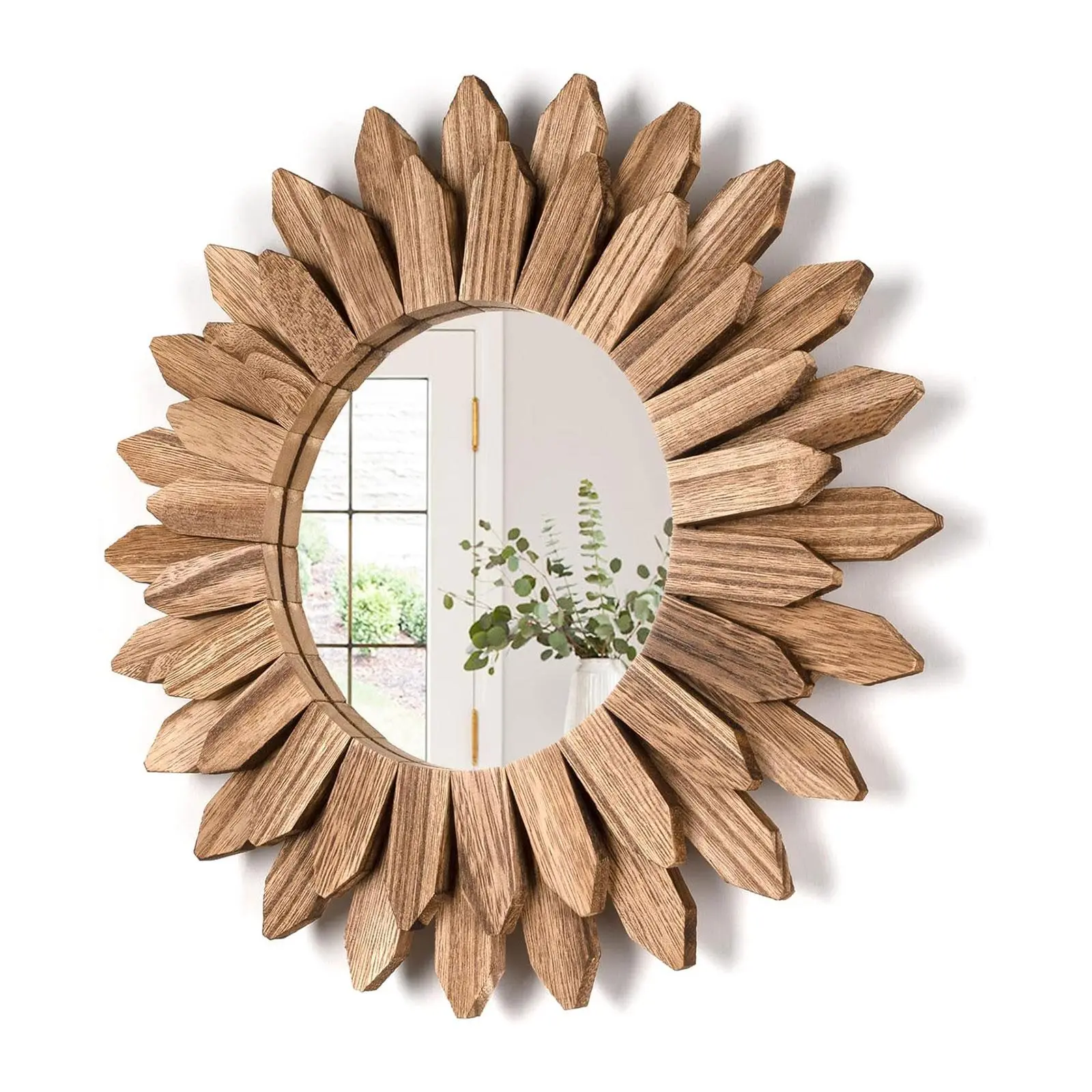 Emfogo Rustic Vintage Sunburst Glass Wall-Mounted Mirror, Boho Wood Decorative Mirror with Easy Installation, Ideal Gift for Bedroom, Living Room Farmhouse Home Decor (Enhanced Reflection)