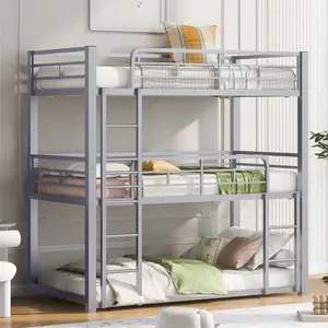 Metal Twin Size Triple Bunk Bed - Silver Sturdy Metal Bedframe with Safety Guardrails, Space-Saving 3-Person Bunk Bed for Kids Room Teen Room Dorm Guest Room, Old SKU: SM000230AAN-1 RR