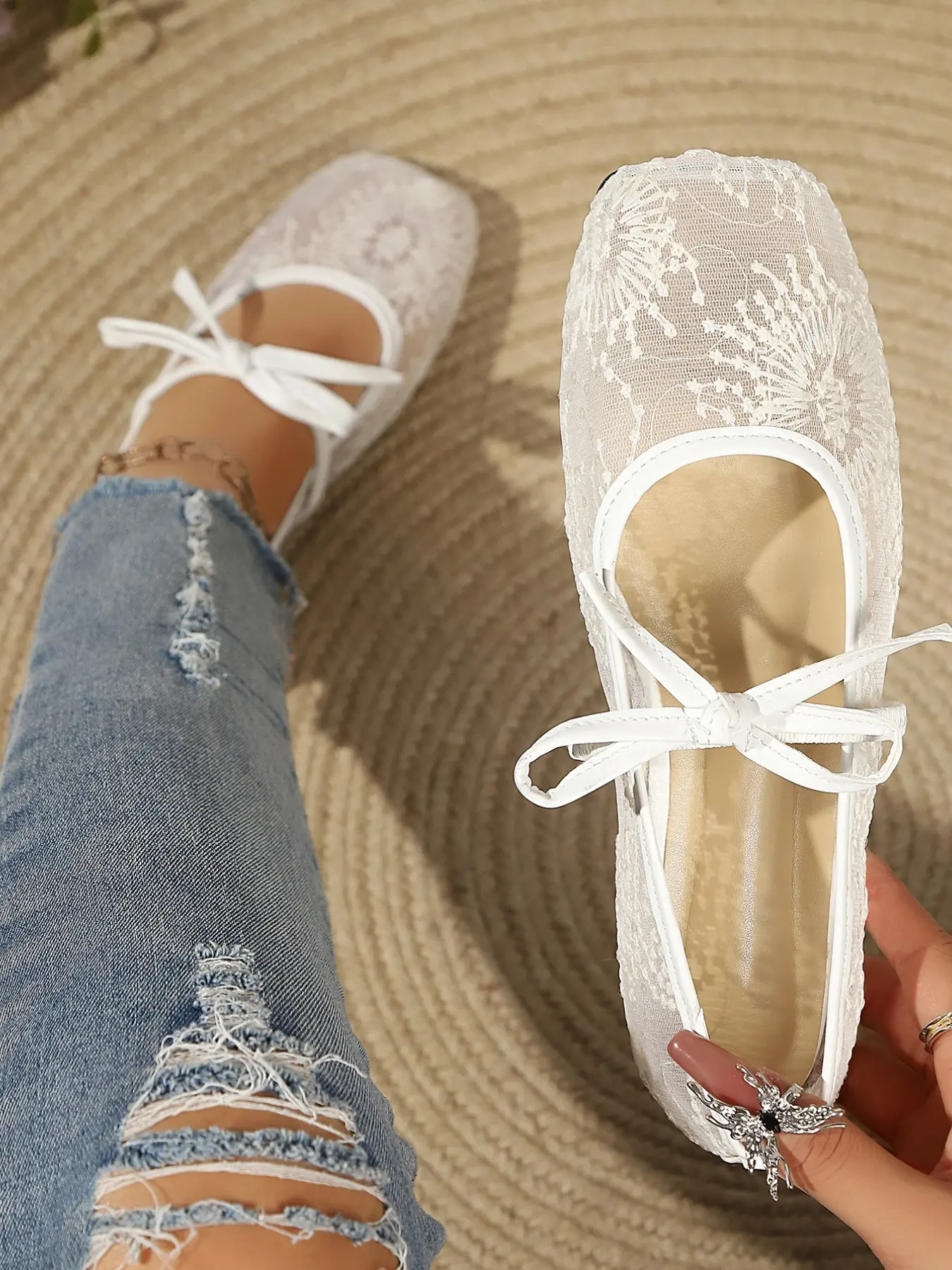 Women's French Lace Bow Mary Jane Flats, Floral Flat Shoes, Wide Toe Walking Shoes, Comfortable Low Heel Sneakers, Stylish Casual Footwear