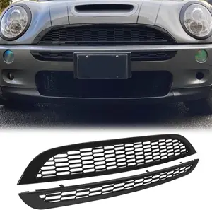Front Upper & Lower Grill Compatible with 2002-2006 Mini Cooper R50 R52 R53 Bumper Hood Honeycomb Mesh Grille Glossy Black 2PCS