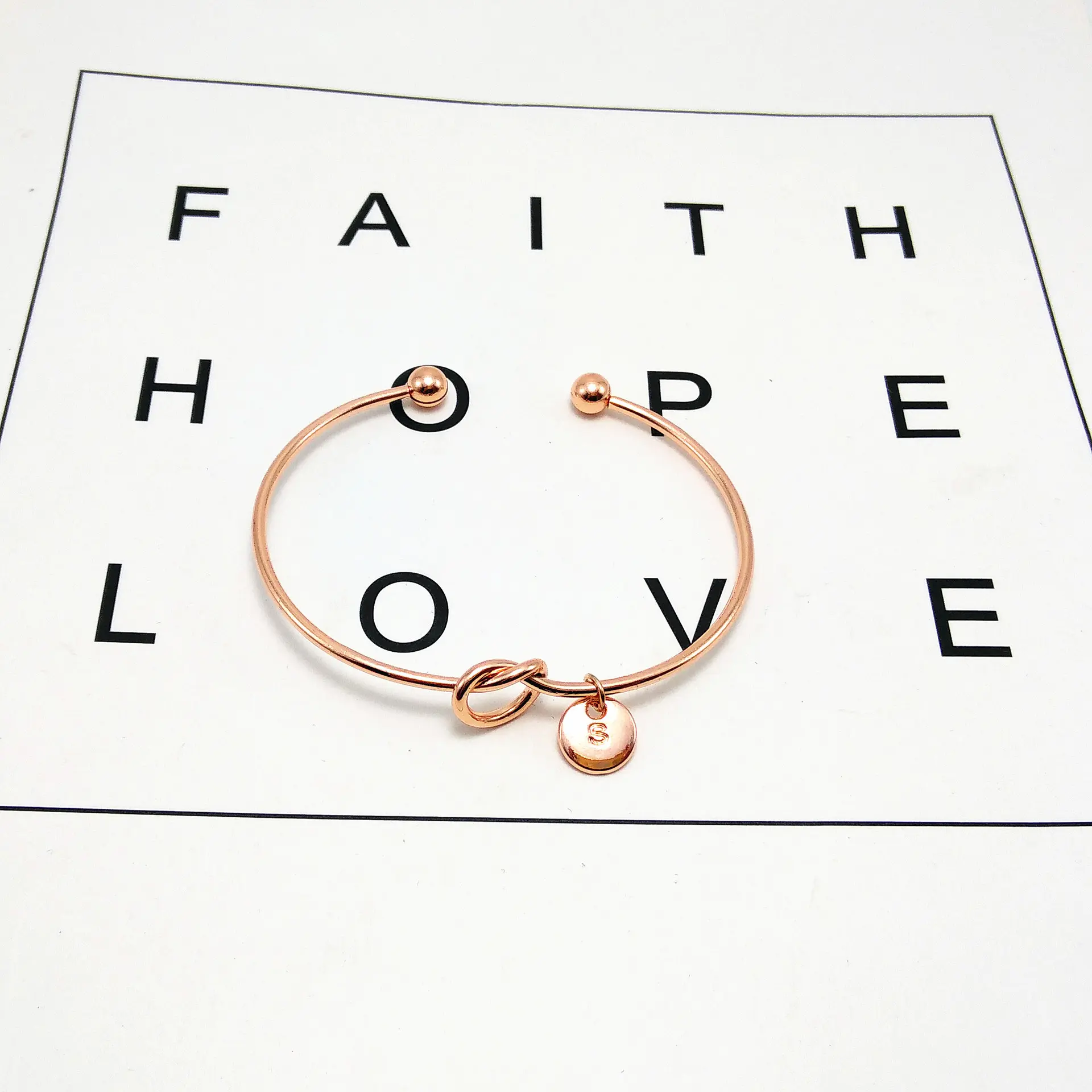 Women's Silver Bangle Bracelet, Minimalist Happiness Knot with Classic Initial Letter Charm, Jewelry Gift for Birthday or Valentine's Day, Bangles, Basic, Alphabet, Birthday Gift Ideas, Girlfriend Birthday Gift