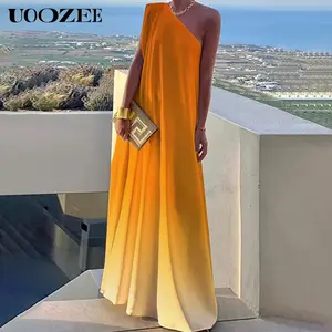 UOOZEE Women's 2025 Casual Loose Elegant Asymmetric Gradient Split-Joint One-Shoulder Maxi Dresses for Party, Wedding & Holiday (One Size Up Recommended for C - Cup and Above)
