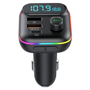Car PD 18W QC3.0 Fast Charge Bluetooth 5.0 FM Transmitter Dual Player Music Type-C Colorful Ambient MP3 blue color