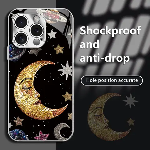 Elegant Moon Motif iPhone Case Cover for iPhone 17 Pro Max,16 Pro Max,15 Pro,14,13,12,11 Series - Electroplated, Premium Glass Look, Thin Frame, Waterproof, Ultra-Thin, Shockproof, Lightweight, Durable, Button-Protective Mobile Accessories