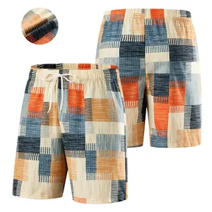 Men's Casual Shorts with Fabric Patchwork Pattern Five-Point Design Pockets & Drawstring for Summer Beach Wear