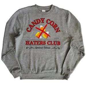 Candy Corn H8trz Club Crewneck, Heather Gray Fall Sweatshirt, Unisex Adult Crewneck Sweatshirt, Funny Halloween Pullover, Anti-Candy Graphic Top, Cozy Fall Fashion, Limited Edition Design, Spooky Season Outfit, Chill Weather Layer, Playful Gift Idea