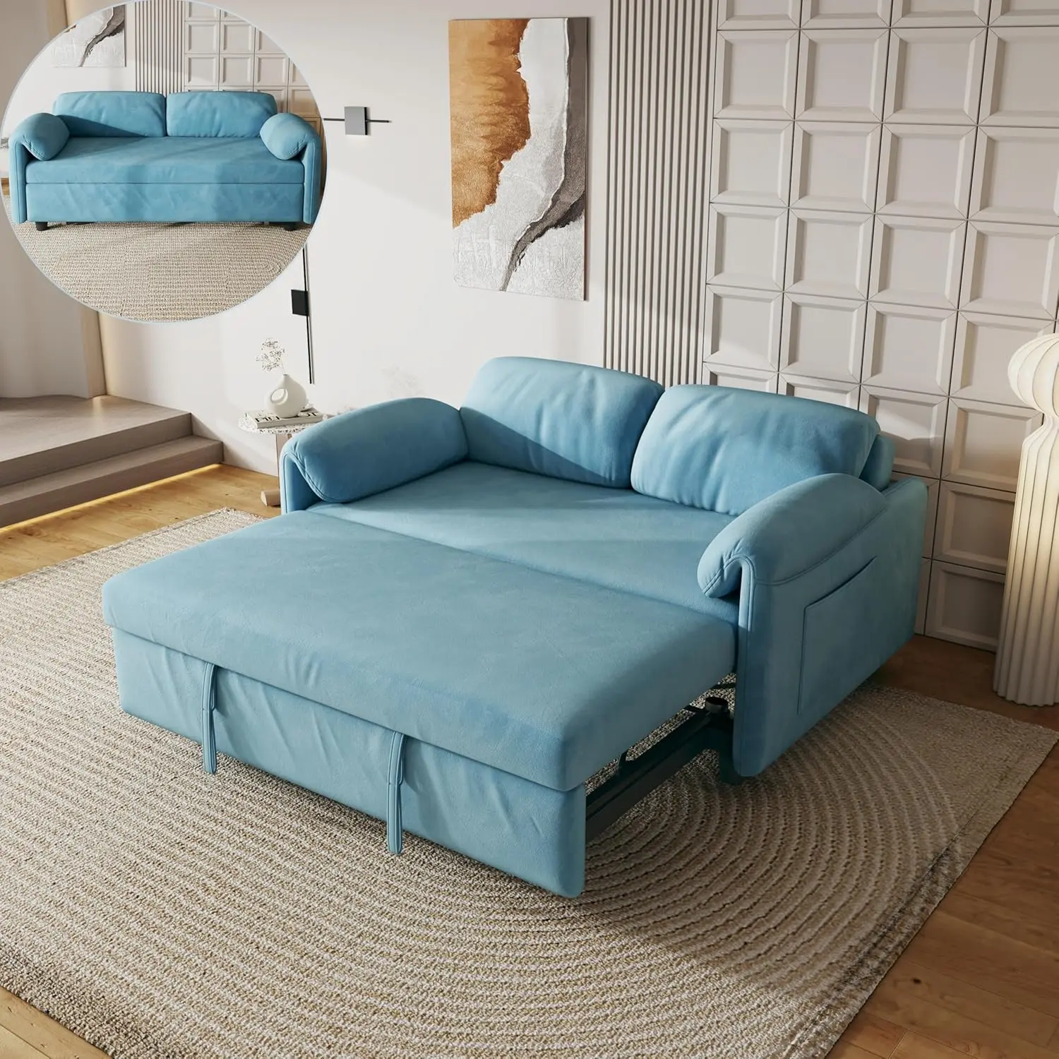 3-in-1 Convertible Loveseat Sofa Sleeper, Functional Recliner Daybed with Pull-Out Couch Bed, Reclining Backrest, Pillows and Armrests for Apartment, Living Room Use