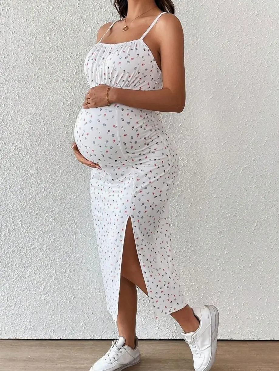Floral Maternity Dress: Red & Blue Ditsy Print, Spaghetti Strap, Side Slit, Fitted