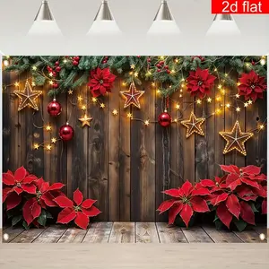 1PC,2D Flat Christmas - themed photography backdrop, retro wooden wall with Christmas wreath, five - pointed star string lights, red poinsettias, a prop for festive atmosphere shooting, suitable