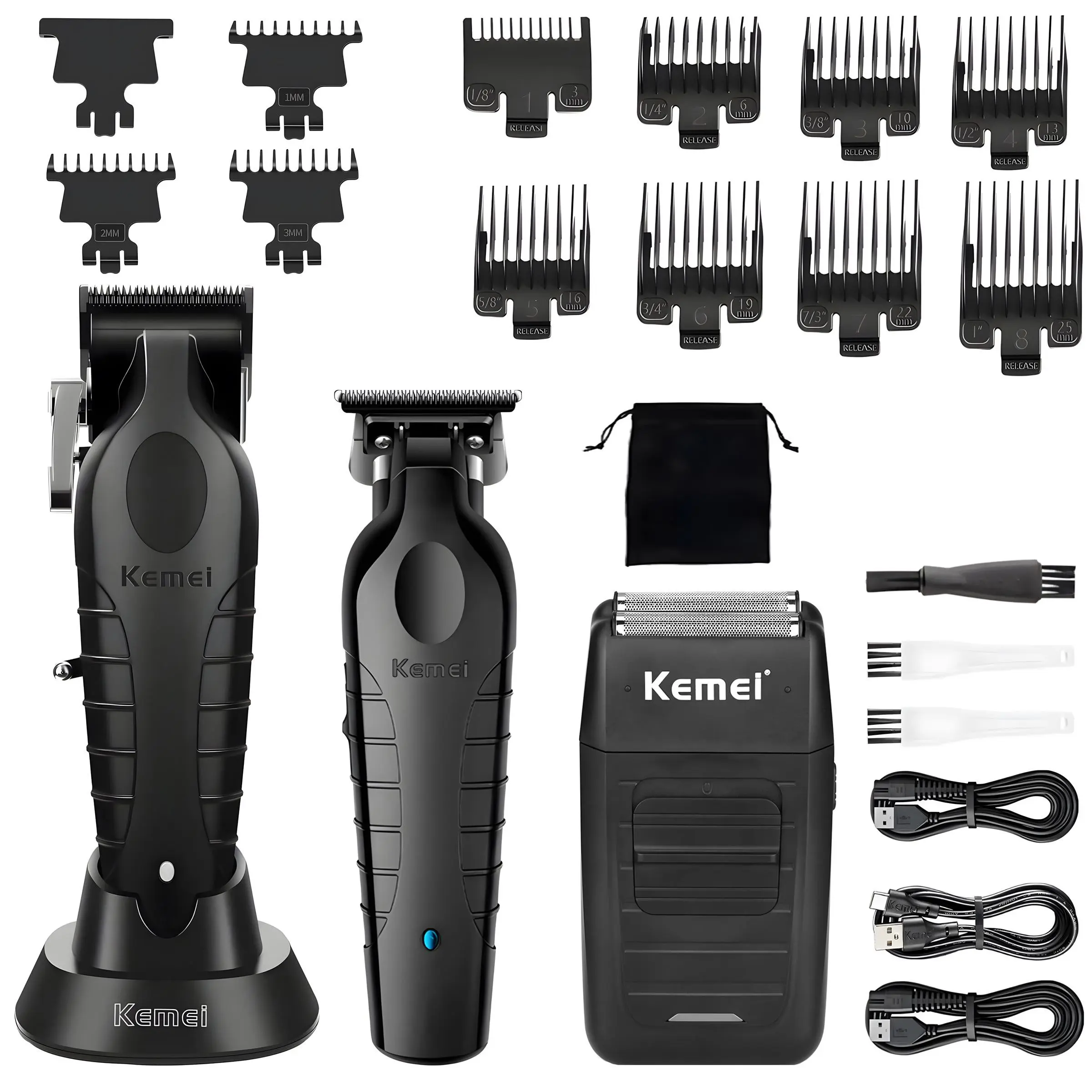Kemei Hair Care Three-Piece Set, Electric Shaver 2296+2299 + Razor 1102, USB Wireless Charging, Strong Power, Professional Grooming Kit, Barber Kit