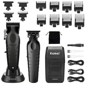 Kemei Hair Care Three-Piece Set, Electric Shaver 2296+2299 + Razor 1102, USB Wireless Charging, Strong Power, Professional Grooming Kit, Barber Kit