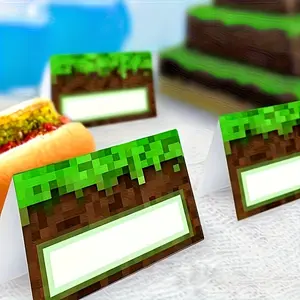8 World Party Food Labels, Pixel Grass Block Table Cards for Birthday Party Decor, DIY World Theme Party Supplies, Creative Game Night Decoration