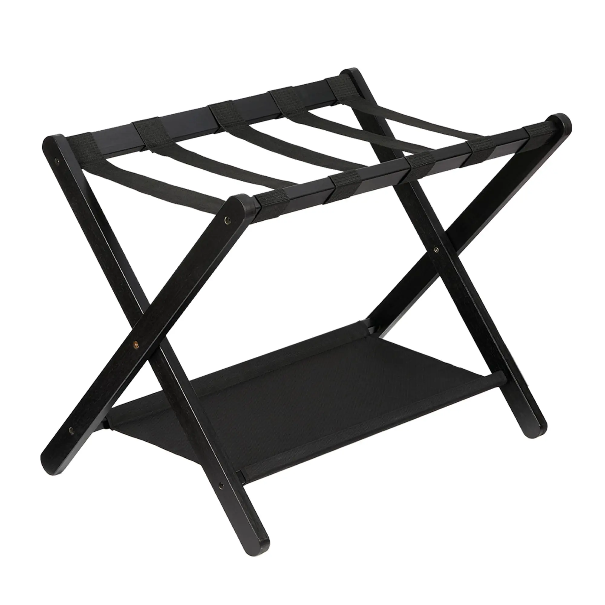Garvee Premium Bamboo Folding Luggage Rack with Storage Shelf and Nylon Straps, Supports up to 110 lb, Fits Most Suitcase Sizes, Ideal for Bedrooms, Living Rooms, Hotels, Black Finish