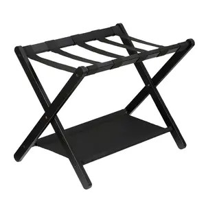 Garvee Premium Bamboo Folding Luggage Rack with Storage Shelf and Nylon Straps, Supports up to 110 lb, Fits Most Suitcases, Ideal for Bedrooms, Living Rooms, and Hotels, Black Finish