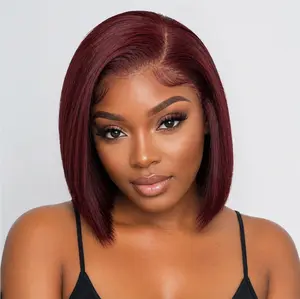 99J Burgundy Bob Wig Human Hair Glueless 13x4 HD Lace Front Wig 180 Density Short Straight Pre Plucked Ready to Wear