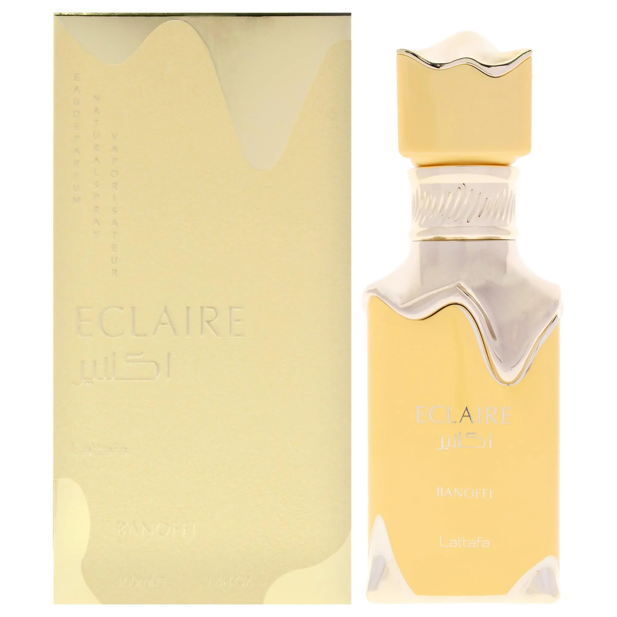 Lattafa Eclaire Banoffi Eau De Parfum Unisex — Banana, Dulce De Leche, Vanilla, 3.4 oz (100 ml) | whipped cream, banana perfume, biscuit, dulce de leche perfume, praline, banana dulce de leche, dulce de leche vanilla, vanilla whipped cream, unisex perfume
