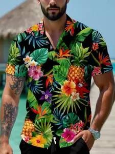 Men's Tropical Hawaiian Shirt, Vibrant Floral Pineapple Print, Short Sleeve Button-Up, Loose Fit, Spring & Fall, Casual Shirt