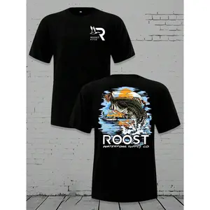 Men's Casual Crewneck T - Shirt - Roost Water Bass Fishing Scene Graphic, 220g Breathable Cotton Tee