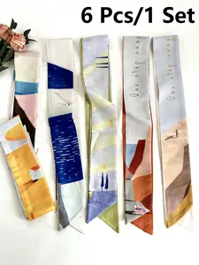 6 Pcs / 1 Set Elegant French Landscape Print Style Polyester Scarf Set, 6 Pieces, Suitable for Women and Girls, Vintage Hairband, Woven Ribbon, Multifunctional Accessories