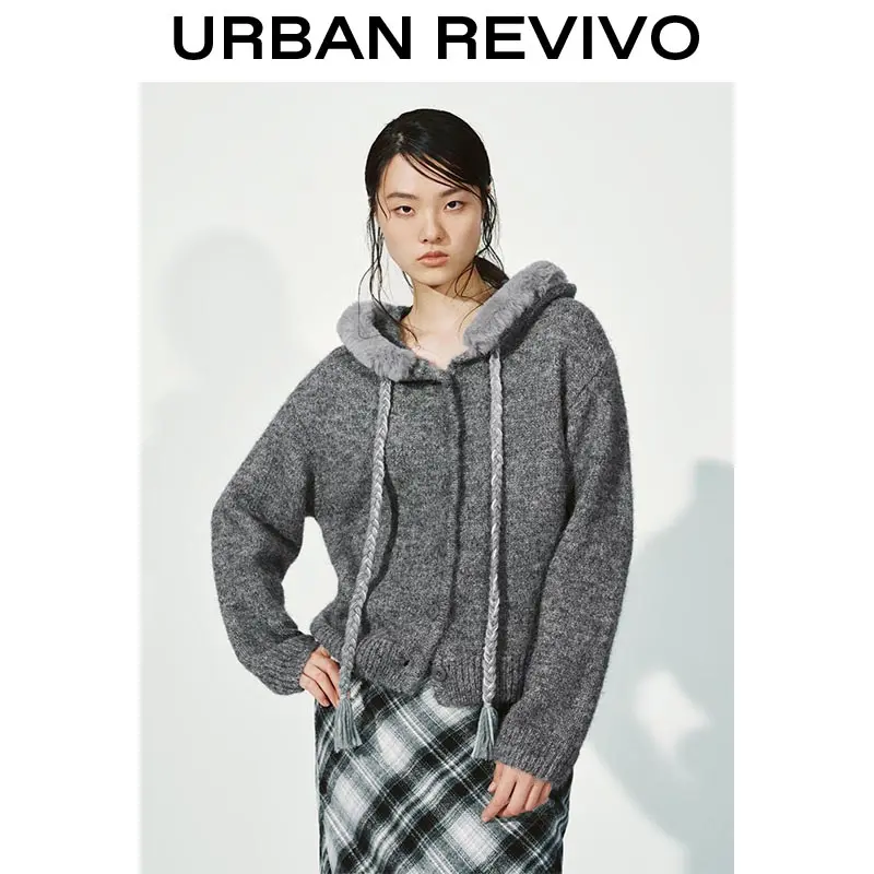 URBAN REVIVO Women's Casual Hooded Cardigan, Relaxed Fit Knitted Sweater with Fluffy Trim, Long Sleeve Fashion Tops (Do Not Dry Clean), Elegant Look, Cold Wash