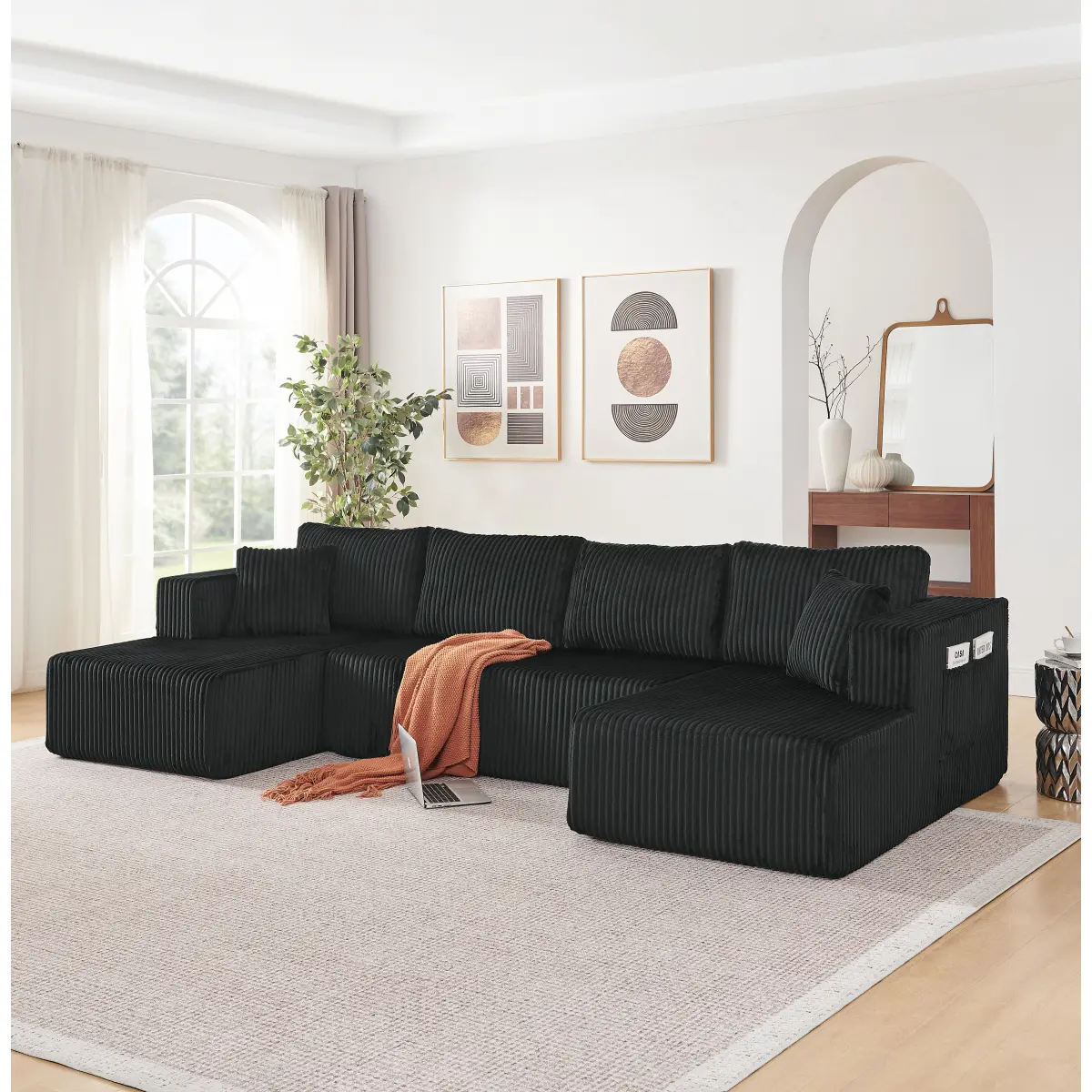 132" U Shaped Modular Sectional Sofa, Comfy Compressed Cloud Couch with Side Pockets, Modern Minimalist Corduroy Memory Foam Sleeper Sofa for Living Room, No Assembly Required,Black