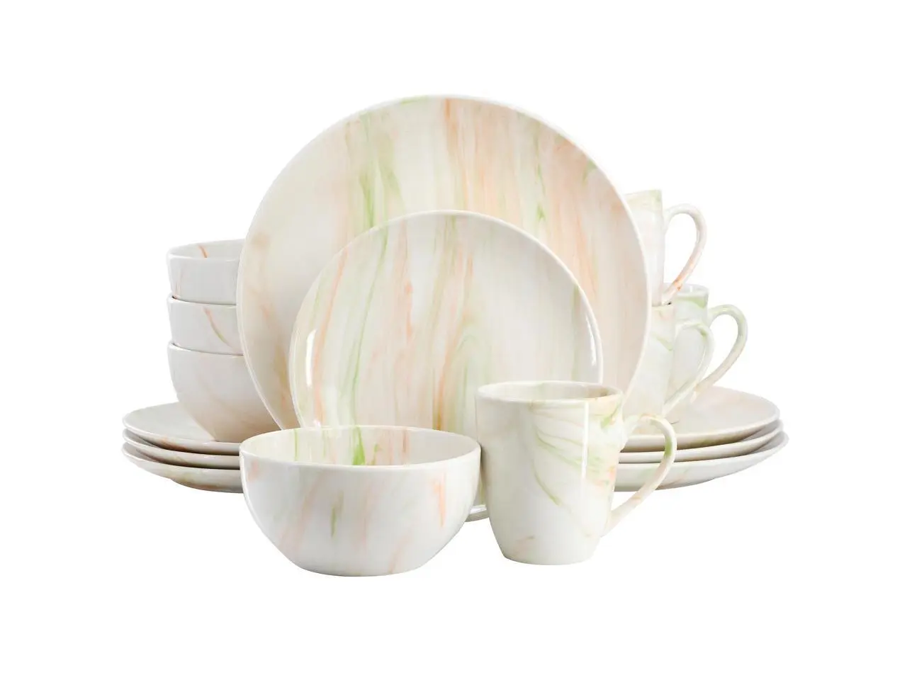 Elama Fine Marble 16 Piece Porcelain Dinnerware Set in Orange and Green Elama Fine Marble 16 Piece Porcelain Dinnerware Set in Orange and Green