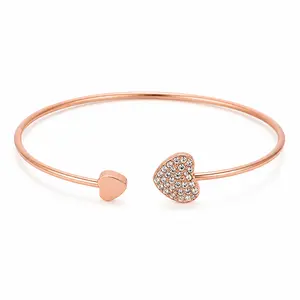 Rose Gold Rhinestone Double Heart Front Open Cuff Bracelet, Adjustable Thin Wire Wrist Bangle With Sparkly Crystal Heart Charm, Waterproof Hypoallergenic Dainty Romantic Jewelry Gift For Teen Girls Women Girlfriend Best Friend