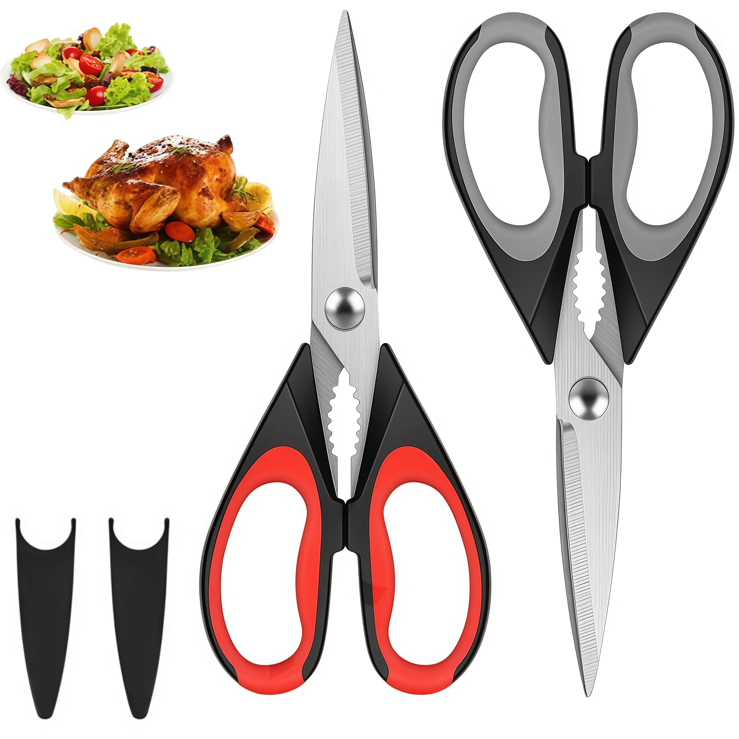 2-Piece Kitchen Scissors Set, Heavy-Duty Serrated Stainless Steel Kitchen Scissors, Ergonomically Designed Spring-Loaded Handles, Comes with a Protective Sheath, Precise Cutting Control, Dishwasher Safe, Multi-Purpose Cooking Scissors