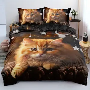 3pcs Soft Comfortable Duvet Cover Set, Girls Cat Bedding Set, Cute Kawaii Bedding Set, Includes 1 Duvet Cover + 2 Pillowcases