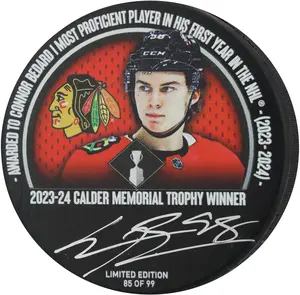 Connor Bedard Chicago Blackhawks Autographed 2024 Calder Trophy Hockey Puck - Limited Edition of 99 - Fanatics Authentic Certified