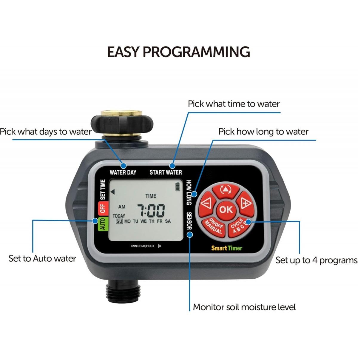 Digital Water Timer with LCD Display 1-Zone Programmable Manual Watering Rain Delay Moisture Sensor Compatible Eden 93411 Sprinkler System Timer for Garden Lawn Plant Watering