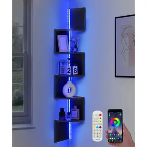 5 Tiers Corner Shelf with RGB LED Lights, 49.2" Wall Mount Floating Corner Display Shelf for Living Room Bedroom Home Office Decor, APP & Remote Control (Black)