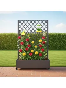 【Christmas Gift】Diagonal Check Pattern Metal Privacy Screen With Planter Box, 72" H X 47" W Outdoor Privacy Screens And 3-Panels, Garden Decorative Planter Box With Trellis