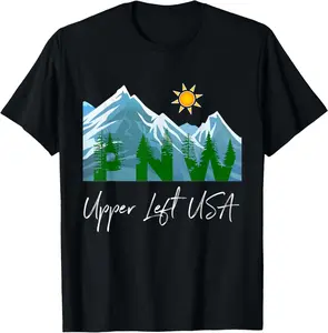 Casual Cotton shortsleeve tees Pacific Northwest PNW Pine Trees Mountains Upper Left USA T-Shirt
