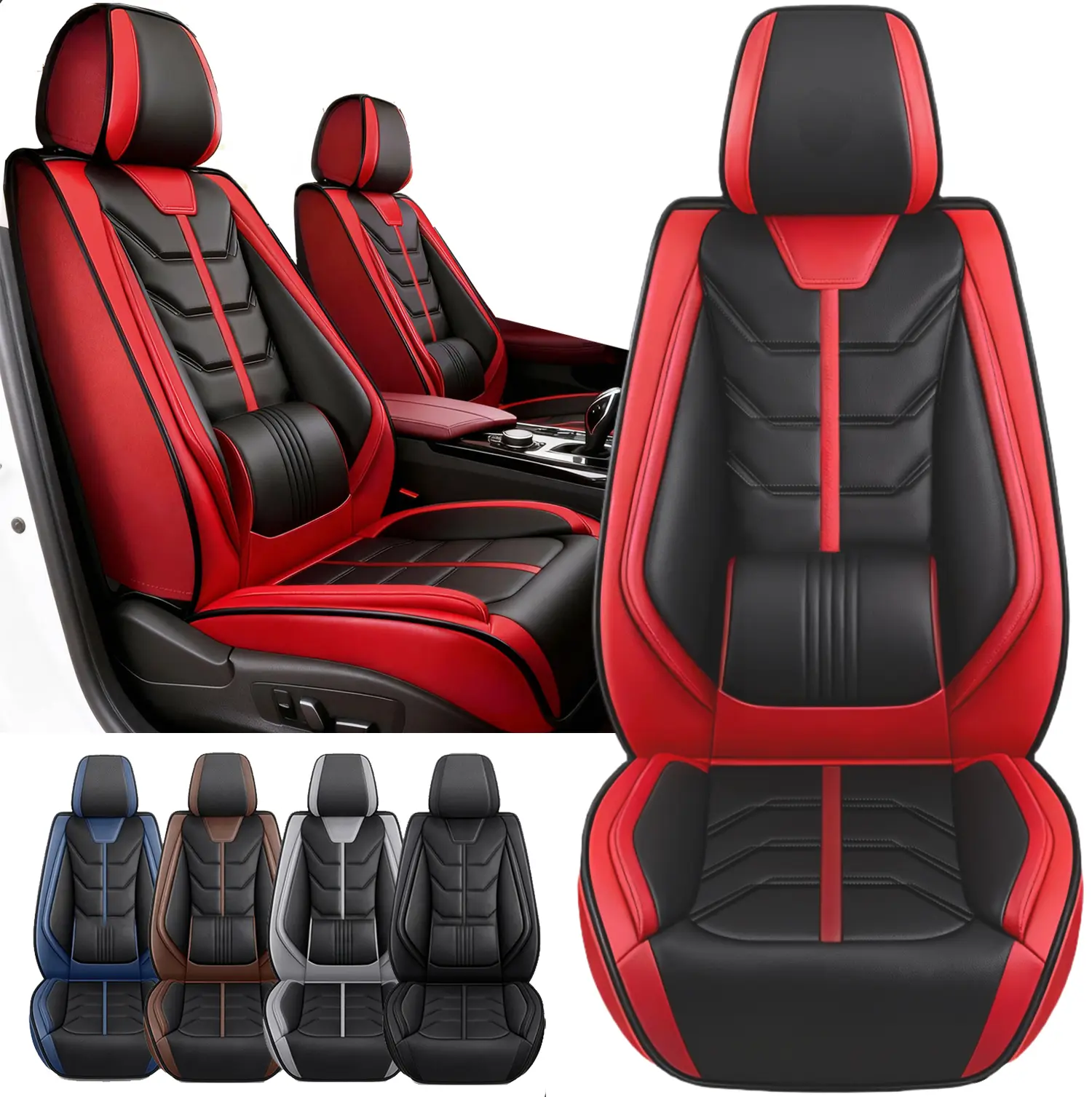 Universal for 5 Seats Full Set Car Seat Covers, Premium Waterproof PU Leather Cushion Protectors With 3D Lumber Design, 40/60 Split Front and Rear Bench Seat, Breathable Auto Accessories,Airbag Compatible Fit for Vehicles Sedans SUVs