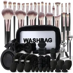 Black 65Pcs Makeup Brush Set, Makeup Brush Kit - Includes 25 Multi-functional Brushes, Cosmetic Bag, Eye Makeup Tools, Blending Sponges, Cleaning Tools, Makeup Puffs & Facial Accessories, Headband & Wristbands, Makeup Brush Storage