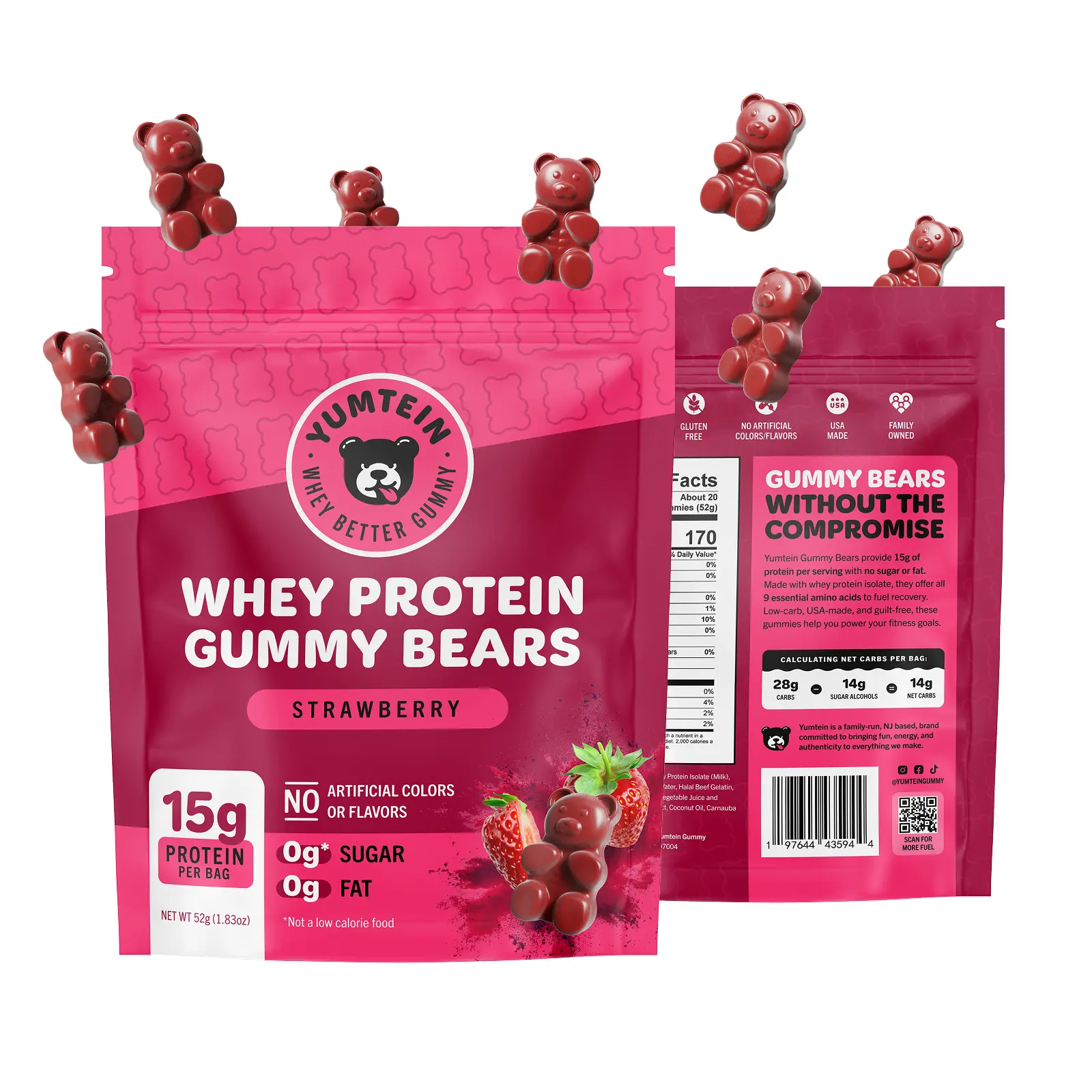 Yumtein Protein Gummy Bears - 15g Protein, 0g Sugar, 0g Fat - Halal Beef Gelatin - Natural Colors - Strawberry (170 Cal)