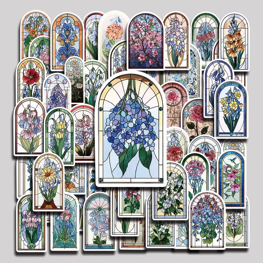 50PCS Vintage Stained Glass Stickers Pack, Decal Set, Retro Colorful Mosaic Illustration Vinyl Stickers for Scrapbooking, Journal, Planner, Album, Laptop, Water Bottle, Phone Case, DIY Craft Decoration, Gift Wrapping, Packaging Labels