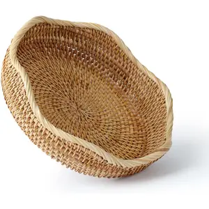 8.7" Small Basket Wicker, Rattan Serving Bowl Bowls, Small Decorative Tray,  Handwoven Basket, Entryway Nightstand Dining Room Kitchen Counter Table Coffee Organizing Snack Pastries Jewry