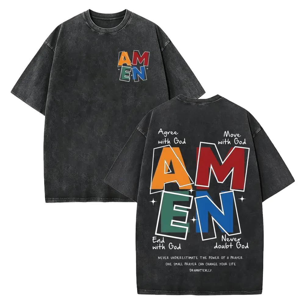 AMEN Classic Letter Header T-Shirt for Men & Women, Vintage Distressed, 230 g Washed Cotton, Casual Fit, “God Bless You” design (Regular Cotton / Washed Cotton) Crewneck Elastic Fabric Graphics