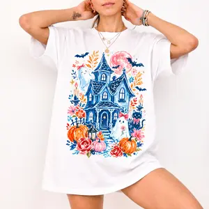Cute Haunted House Comfort Colors Shirt, Vintage Halloween Ghost Tee, Retro Fall Graphic Tee Gift for Women