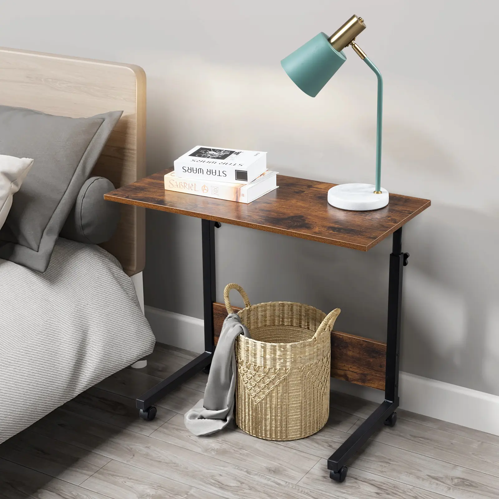 Rolling & Height Adjustable P2 15MM Chipboard & Steel Side Table with Baffle – Perfect for Home, Living Room, Sofa Side or Office Use – Space-Saving, Retro Style, Movable & Multi-Height Practical Design