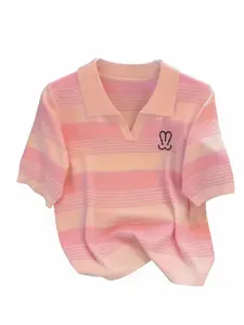 Women's Knitted Short Sleeve Top, Casual Fashion Knitwear, Fitted, Young Fashion Embroidered Lapel, Colorblock Striped Design, Casual Summer Wear