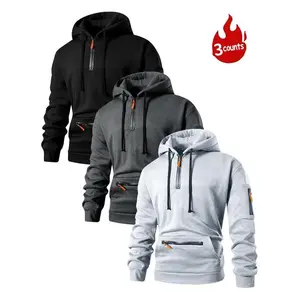 Men's Hooded Sweatshirt Set, Half-Zip Design, Kangaroo Pocket & Zipper Sleeves, Casual Fall Winter Wear, Loose Fit, Multiple Colors Available