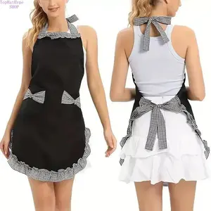 Vintage-Style Adjustable Kitchen Apron - Durable Polyester, Red & White Checkered Bow Pocket, Ideal for Cooking, Baking, with Pocket